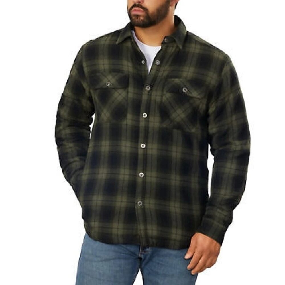 NEW Grizzly Mountain Men's XL Plaid Shirt Jacket Green & Black Sherpa-Lined